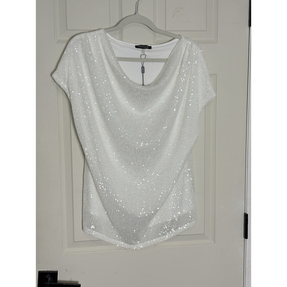 NWT Cable & Gauge White Sequin Top L Cowl Neck Holiday Christmas Party Wedding